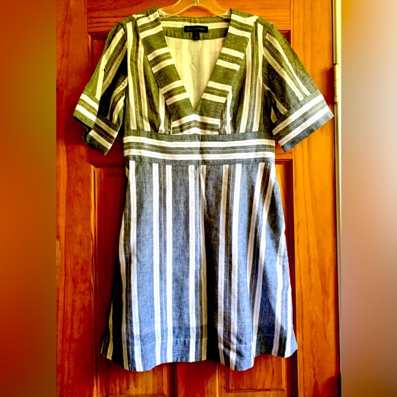 BANANA REPUBLIC COTTON LINEN STRIPED DRESS LINED GRAY 2 P - Picture 2 of 7